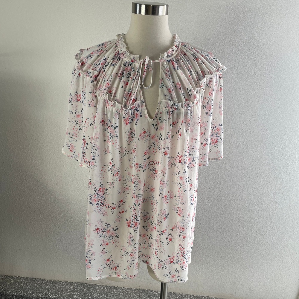 Torrid Womens Plus 2X Floral Blouse Sheer White Pink Flutter Sleeve Flowy Top